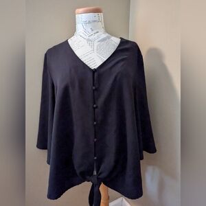 XL Black Front Tie, 3/4 Bell Sleeve Top Blouse